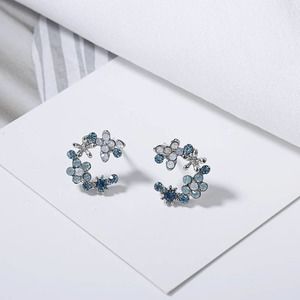 Dainty Blue Floral Crescent Moon Shaped Studs